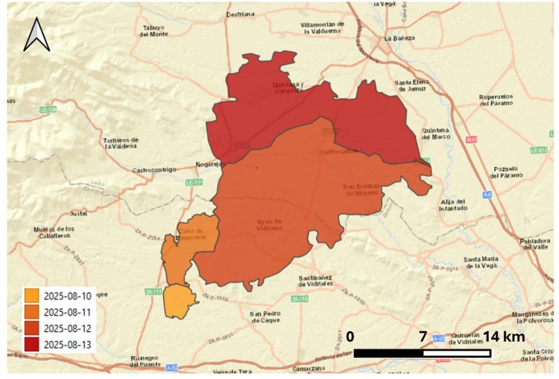Evolución del incendio de Zamora con perímetros e isócronas que muestran velocidad y cambios de propagación
